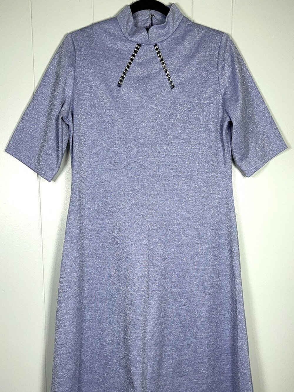 VTG Leslie Fay Knits Mandarin Metallic/Glitter Thread Rhinestone Dress L 12/14